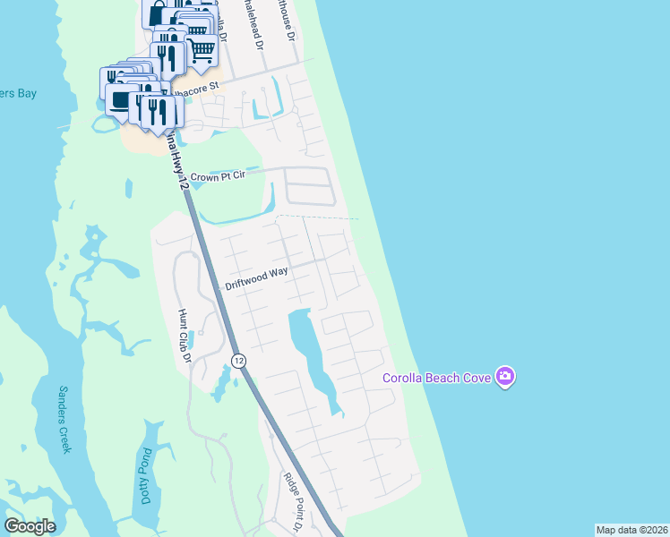 map of restaurants, bars, coffee shops, grocery stores, and more near 737 Waters Edge in Corolla