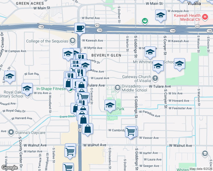 map of restaurants, bars, coffee shops, grocery stores, and more near 1200 South Divisadero Street in Visalia
