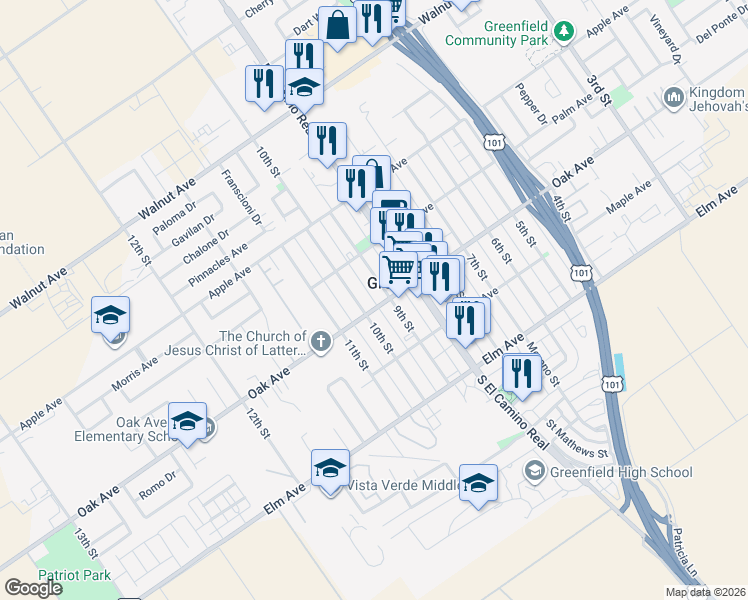 map of restaurants, bars, coffee shops, grocery stores, and more near in Greenfield