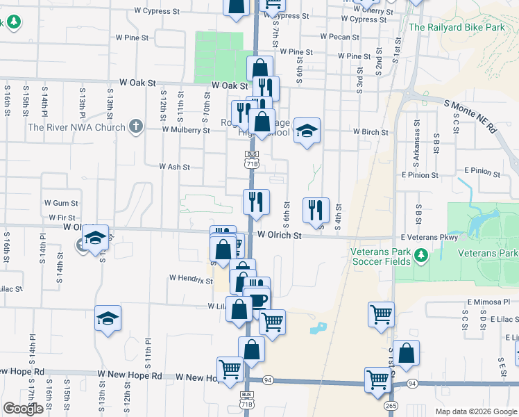 map of restaurants, bars, coffee shops, grocery stores, and more near 1515 South 8th Street in Rogers
