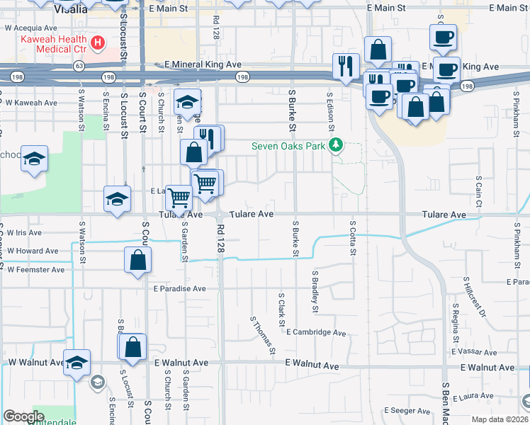 map of restaurants, bars, coffee shops, grocery stores, and more near 1226 South Liberty Street in Visalia