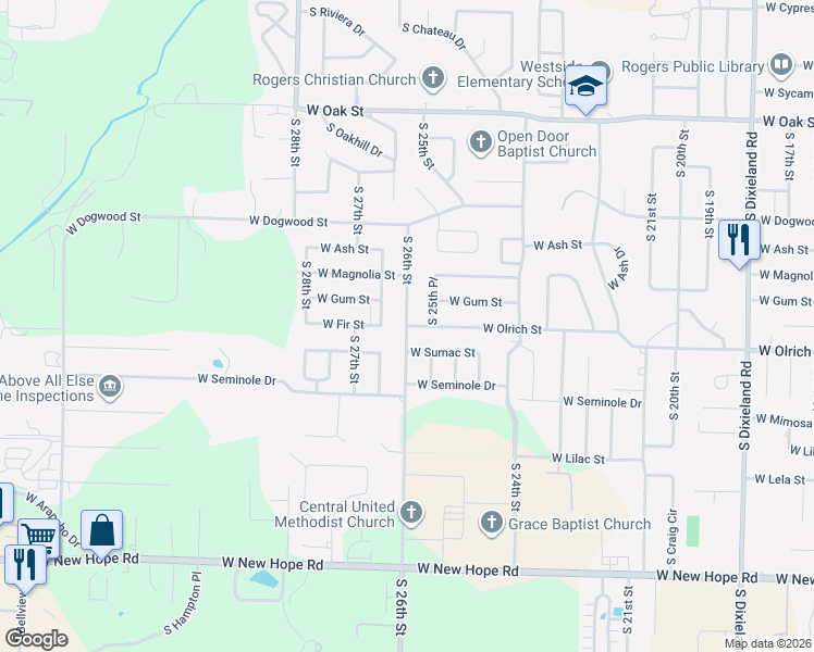 map of restaurants, bars, coffee shops, grocery stores, and more near 1601 South 26th Place in Rogers