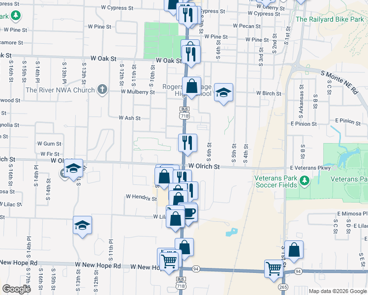 map of restaurants, bars, coffee shops, grocery stores, and more near 1515 South 8th Street in Rogers