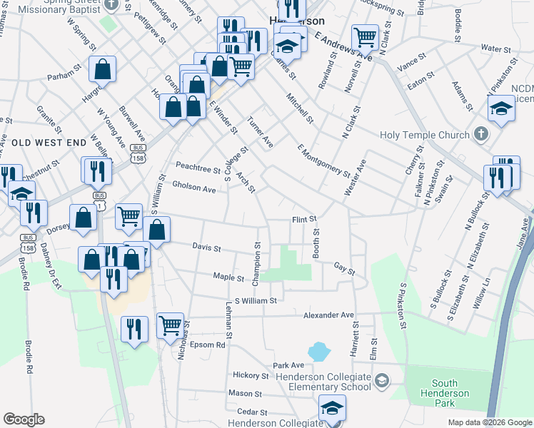 map of restaurants, bars, coffee shops, grocery stores, and more near 612 Flint Street in Henderson