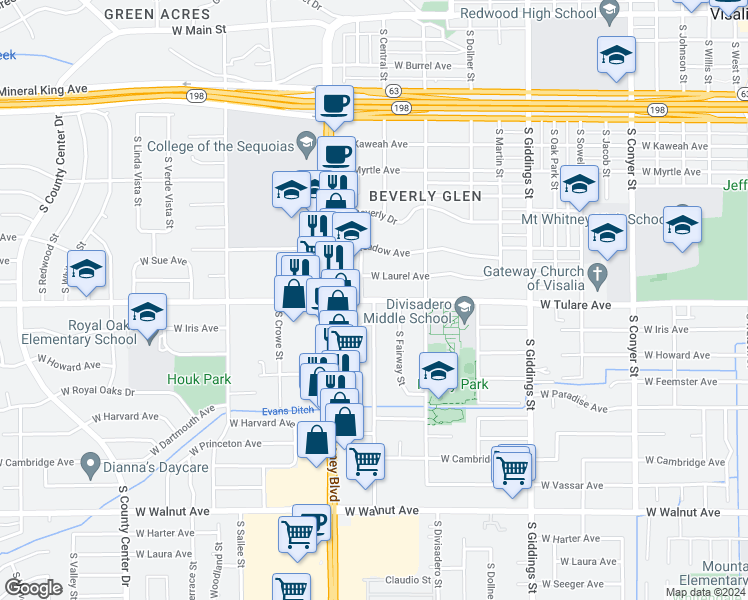 map of restaurants, bars, coffee shops, grocery stores, and more near West Tulare Avenue & South Central Street in Visalia