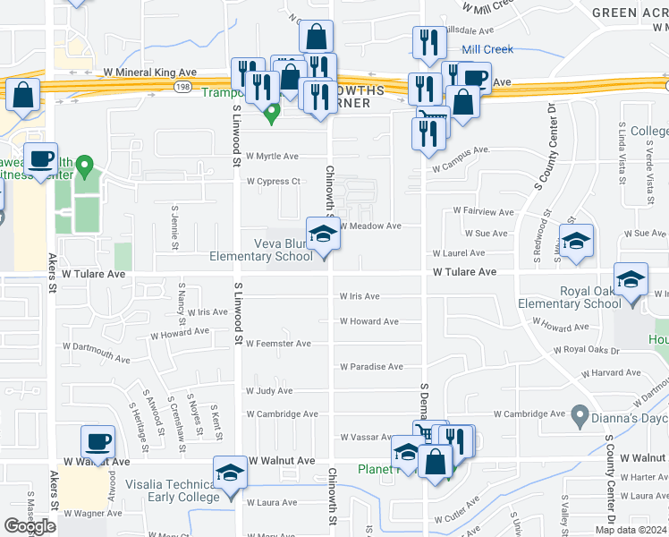 map of restaurants, bars, coffee shops, grocery stores, and more near 4036 West Tulare Avenue in Visalia