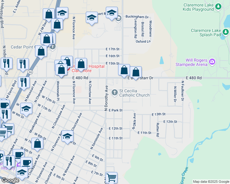map of restaurants, bars, coffee shops, grocery stores, and more near 1304 North Dorothy Avenue in Claremore