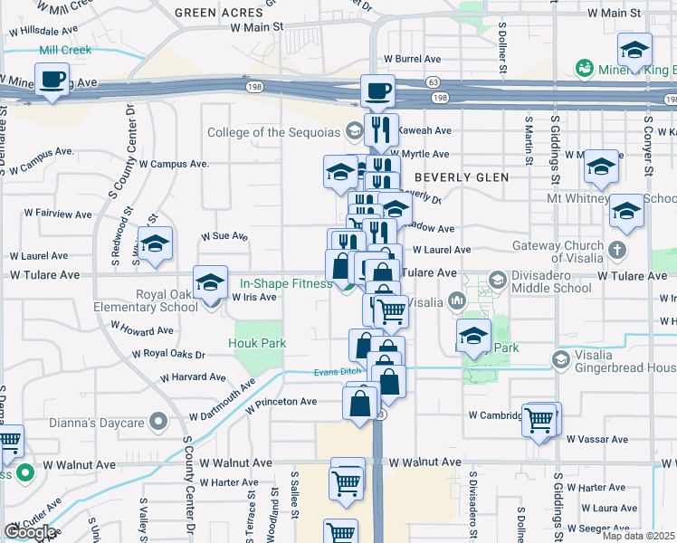 map of restaurants, bars, coffee shops, grocery stores, and more near 2001 West Laurel Avenue in Visalia
