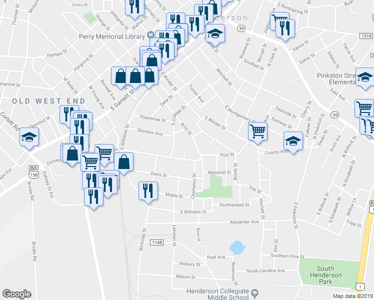 map of restaurants, bars, coffee shops, grocery stores, and more near 198 Carter Street in Henderson