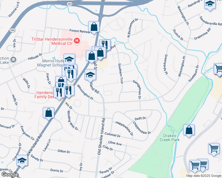 map of restaurants, bars, coffee shops, grocery stores, and more near 350 Old Shackle Island Road in Hendersonville