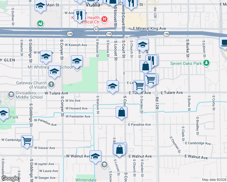 map of restaurants, bars, coffee shops, grocery stores, and more near 905 South Locust Street in Visalia