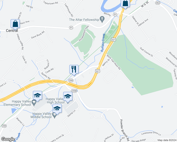 map of restaurants, bars, coffee shops, grocery stores, and more near 1976 Milligan Highway in Elizabethton