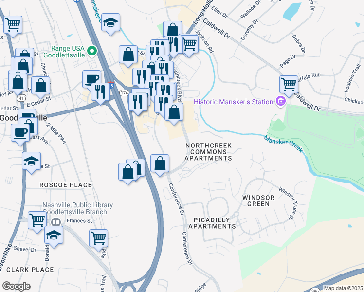 map of restaurants, bars, coffee shops, grocery stores, and more near 318 Northcreek Boulevard in Goodlettsville