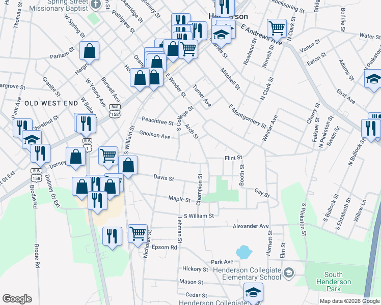 map of restaurants, bars, coffee shops, grocery stores, and more near 108 Carter Street in Henderson
