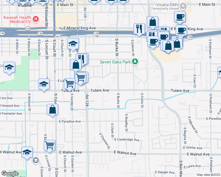 map of restaurants, bars, coffee shops, grocery stores, and more near 628 East Tulare Avenue in Visalia