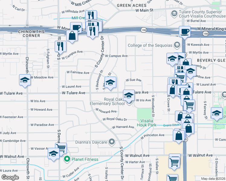 map of restaurants, bars, coffee shops, grocery stores, and more near 1138 South Valley Street in Visalia