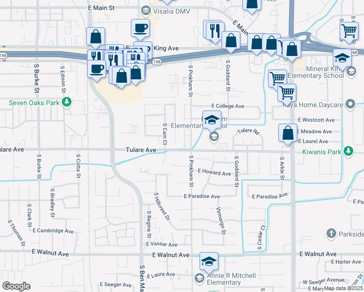 map of restaurants, bars, coffee shops, grocery stores, and more near 1137 South Pinkham Street in Visalia