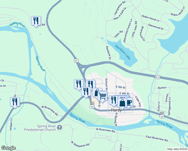 map of restaurants, bars, coffee shops, grocery stores, and more near 604 Church Street in Hardy