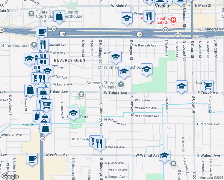 map of restaurants, bars, coffee shops, grocery stores, and more near 1121 West Laurel Avenue in Visalia