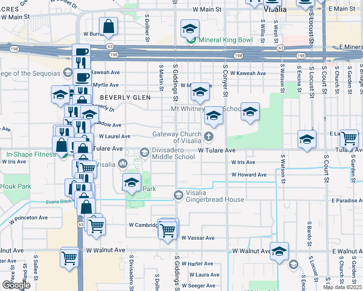 map of restaurants, bars, coffee shops, grocery stores, and more near 1111 South Giddings Street in Visalia