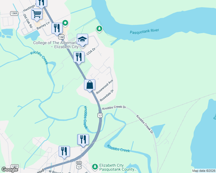 map of restaurants, bars, coffee shops, grocery stores, and more near 115 Rosewood Avenue in Elizabeth City