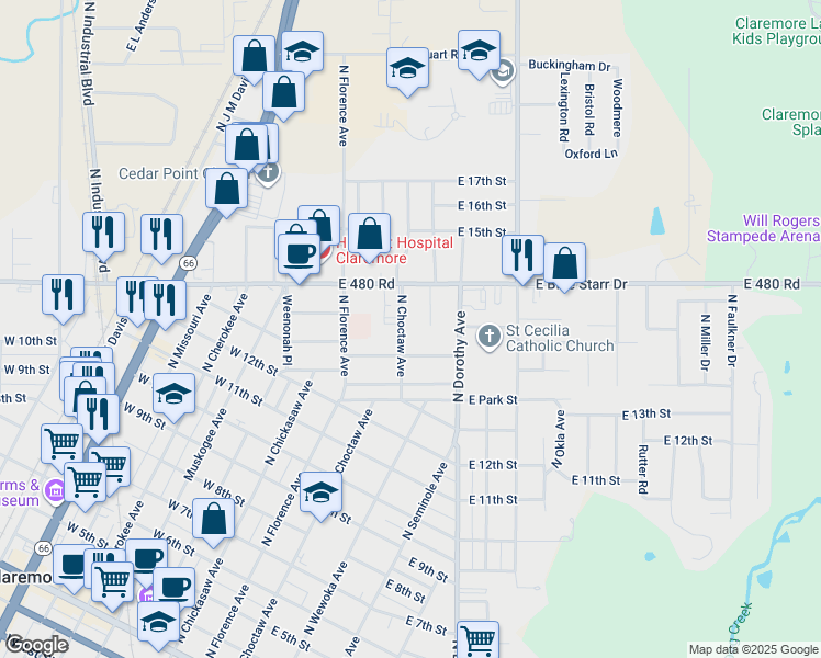 map of restaurants, bars, coffee shops, grocery stores, and more near 1330 Choctaw Place in Claremore