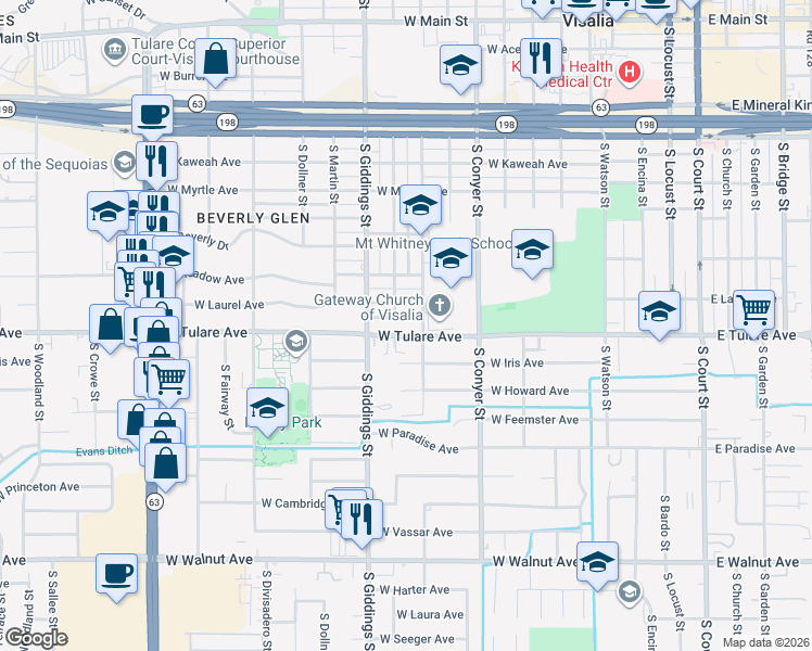 map of restaurants, bars, coffee shops, grocery stores, and more near 1121 West Laurel Avenue in Visalia