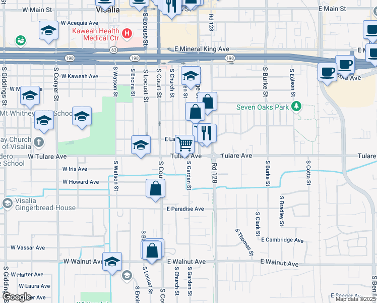 map of restaurants, bars, coffee shops, grocery stores, and more near 826 South Garden Street in Visalia