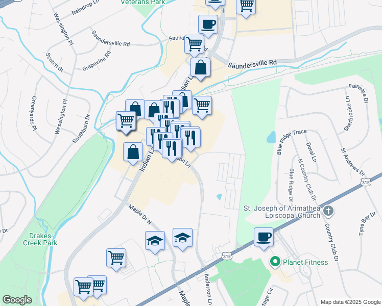 map of restaurants, bars, coffee shops, grocery stores, and more near 200 Anderson Lane North in Hendersonville