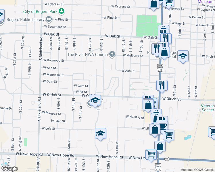 map of restaurants, bars, coffee shops, grocery stores, and more near 1203 West Countrywood Circle in Rogers