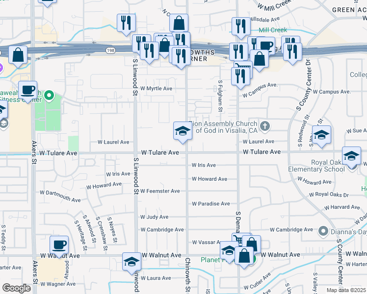 map of restaurants, bars, coffee shops, grocery stores, and more near 1119 Chinowth Street in Visalia