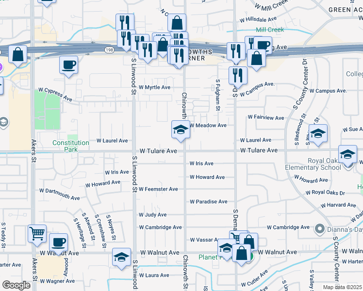 map of restaurants, bars, coffee shops, grocery stores, and more near 1119 Chinowth Street in Visalia