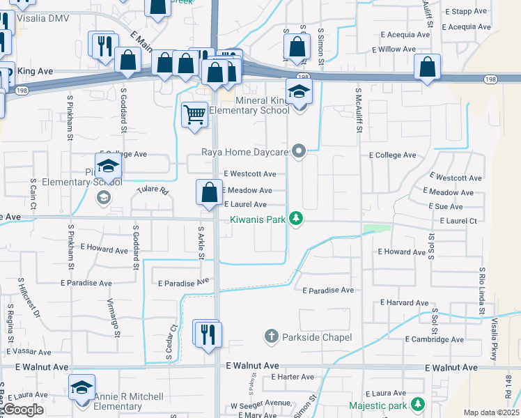map of restaurants, bars, coffee shops, grocery stores, and more near 3117 East Laurel Avenue in Visalia
