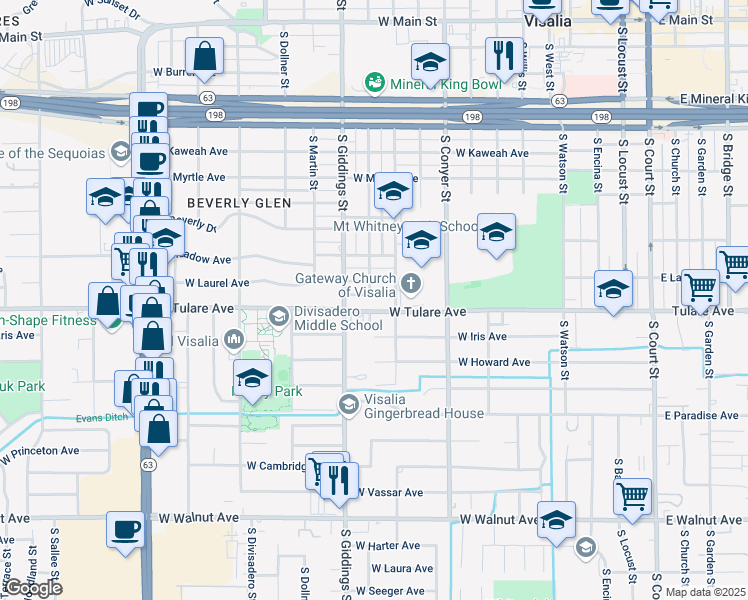 map of restaurants, bars, coffee shops, grocery stores, and more near 1140 West Tulare Avenue in Visalia