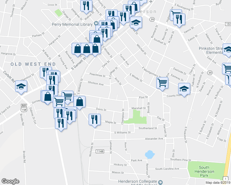 map of restaurants, bars, coffee shops, grocery stores, and more near 604 Arch Street in Henderson