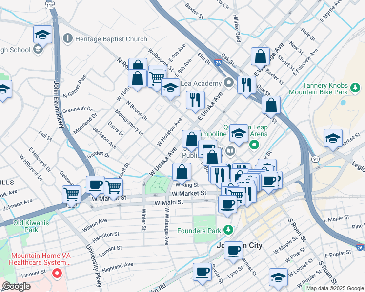 map of restaurants, bars, coffee shops, grocery stores, and more near 120 West Unaka Avenue in Johnson City