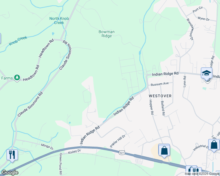 map of restaurants, bars, coffee shops, grocery stores, and more near 2936 Indian Ridge Road in Johnson City