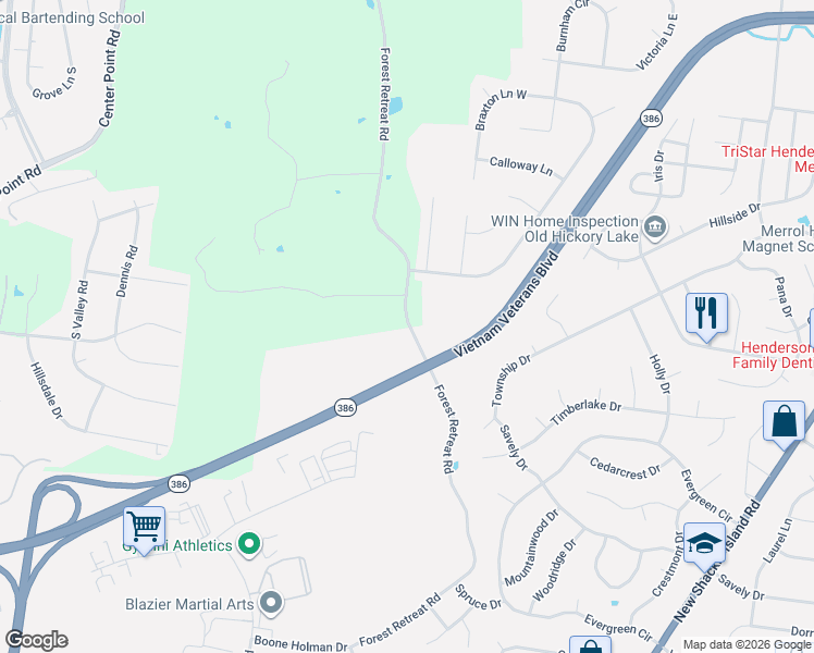 map of restaurants, bars, coffee shops, grocery stores, and more near 501 Forest Retreat Road in Hendersonville