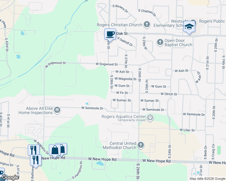 map of restaurants, bars, coffee shops, grocery stores, and more near 2718 West Gum Street in Rogers