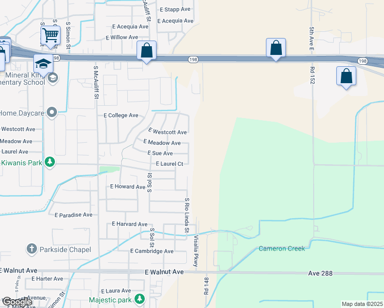 map of restaurants, bars, coffee shops, grocery stores, and more near 1100 South Rio Linda Street in Visalia
