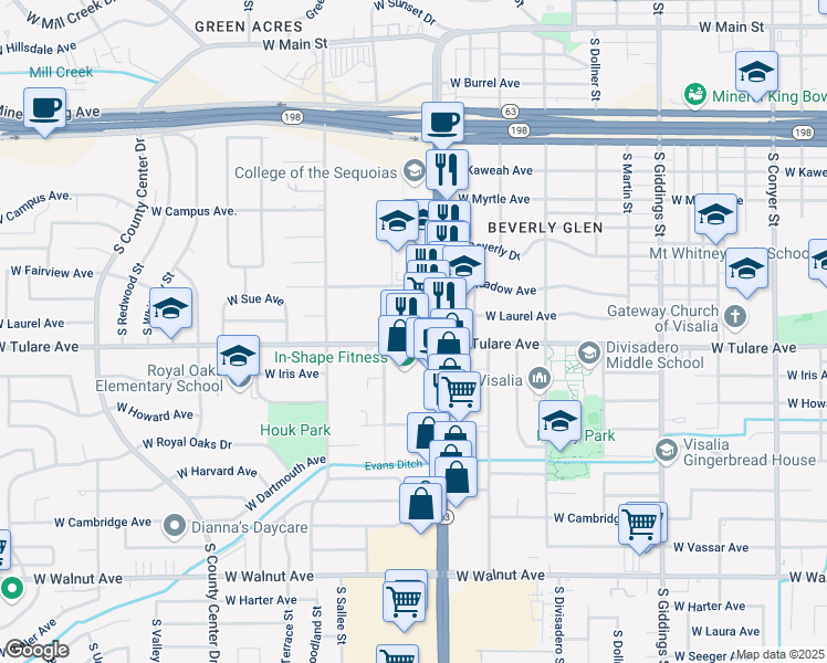 map of restaurants, bars, coffee shops, grocery stores, and more near 1107 South Mooney Boulevard in Visalia