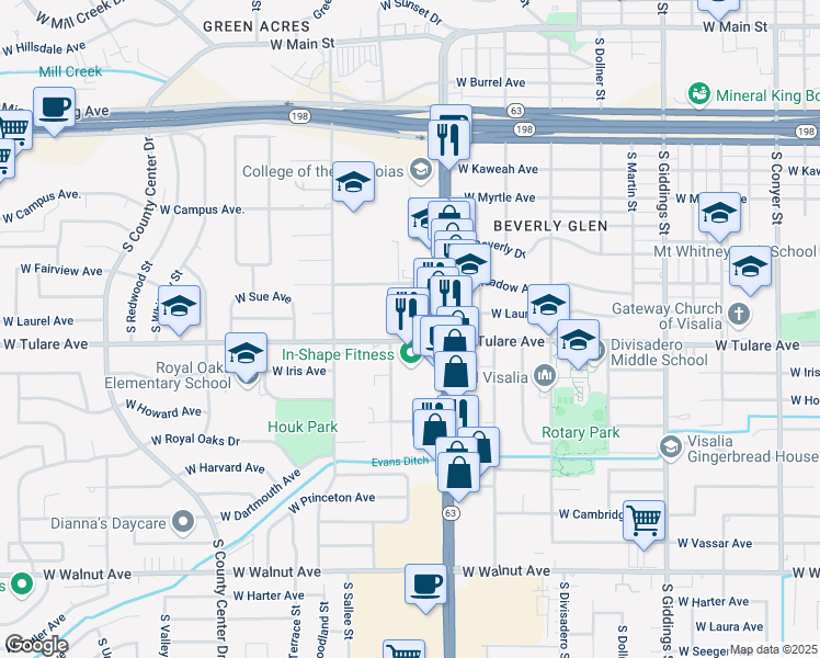map of restaurants, bars, coffee shops, grocery stores, and more near 2001-2077 West Laurel Avenue in Visalia