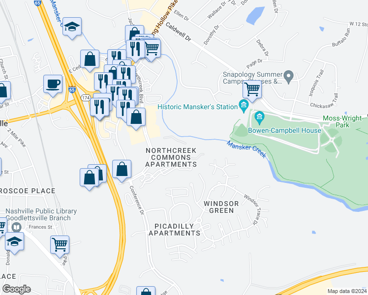 map of restaurants, bars, coffee shops, grocery stores, and more near 333 Northcreek Boulevard in Goodlettsville