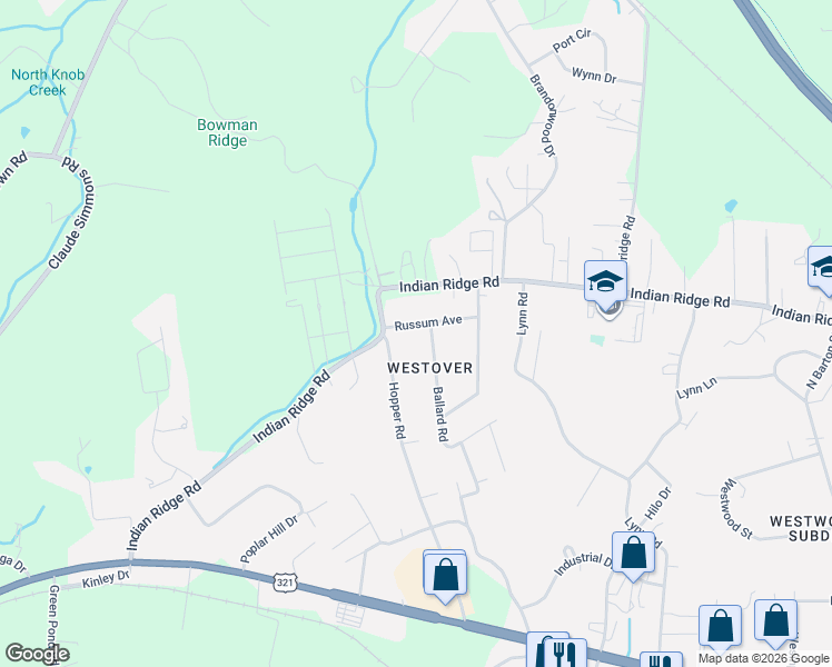 map of restaurants, bars, coffee shops, grocery stores, and more near 2910 Russum Avenue in Johnson City