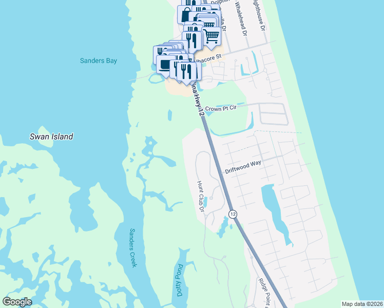 map of restaurants, bars, coffee shops, grocery stores, and more near 798 Hunt Club Drive in Corolla