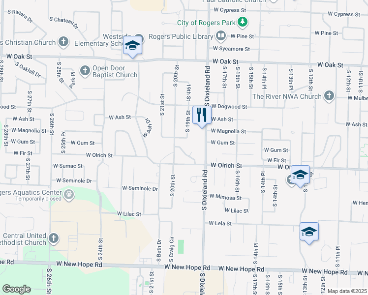 map of restaurants, bars, coffee shops, grocery stores, and more near 1902 West Magnolia Street in Rogers