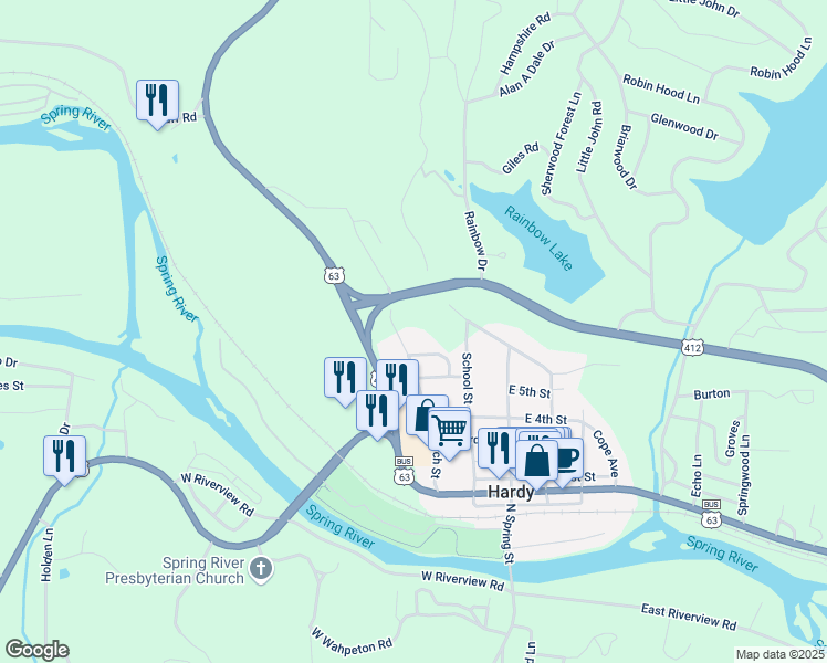 map of restaurants, bars, coffee shops, grocery stores, and more near 604 Church Street in Hardy
