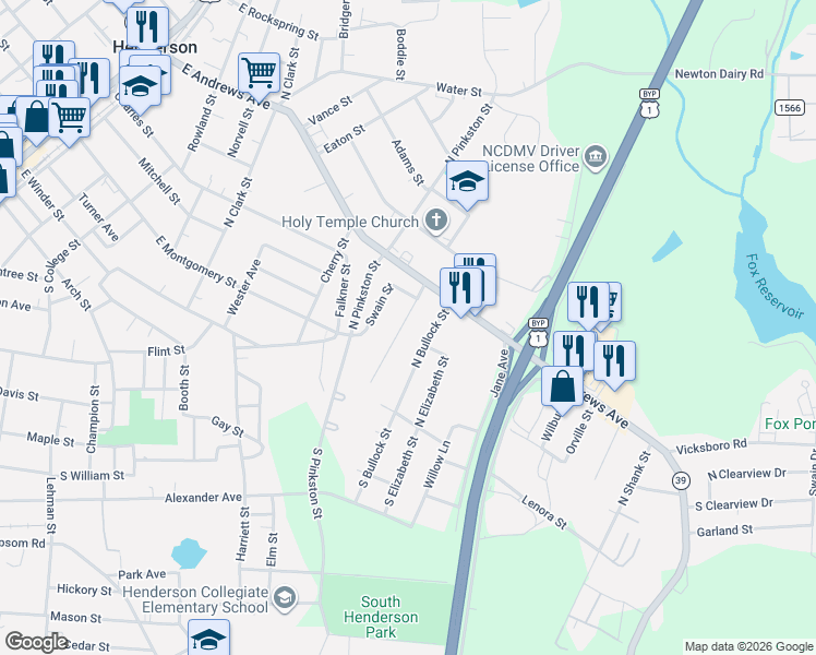 map of restaurants, bars, coffee shops, grocery stores, and more near 215 North Bullock Street in Henderson