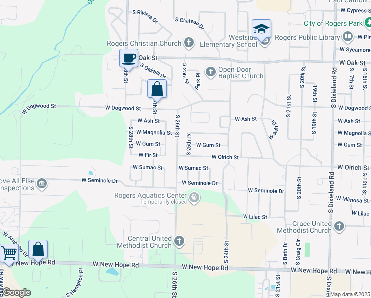 map of restaurants, bars, coffee shops, grocery stores, and more near 1118 South 25th Place in Rogers