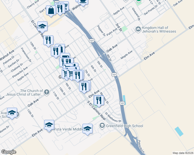 map of restaurants, bars, coffee shops, grocery stores, and more near 41 6th Street in Greenfield